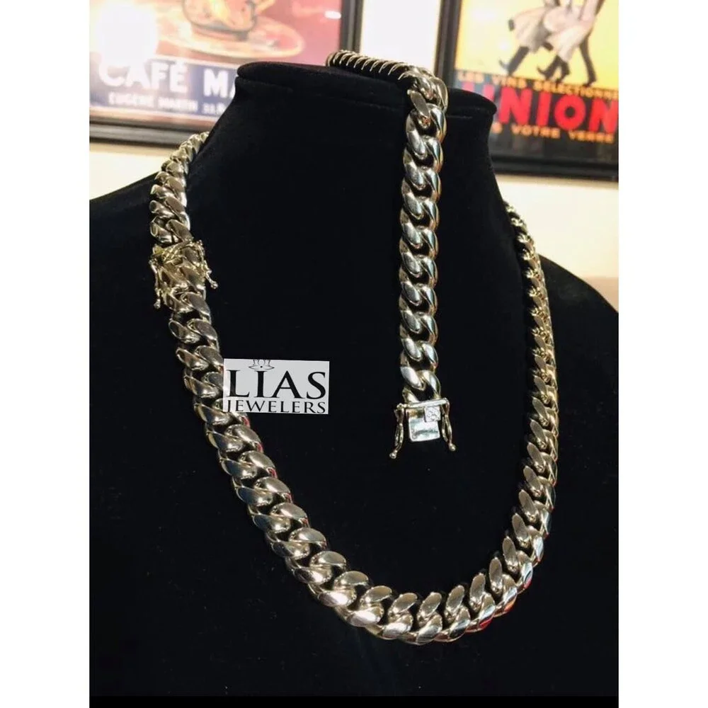 New 18k white gold filled Cuban link chain and bracelet set
